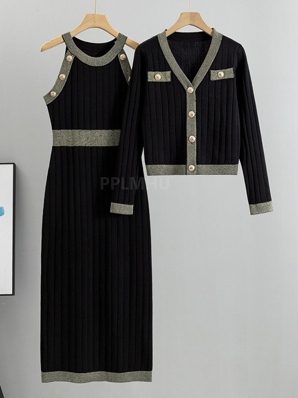 Trikotāžas Bodycon Kleitas Divdaļīgi Komplekti Sieviešu V veida kakla īss džemperis Jaciņa Conjunto Korejiešu šiks Sexy Slim Tank Maxi Vestidos tērpi