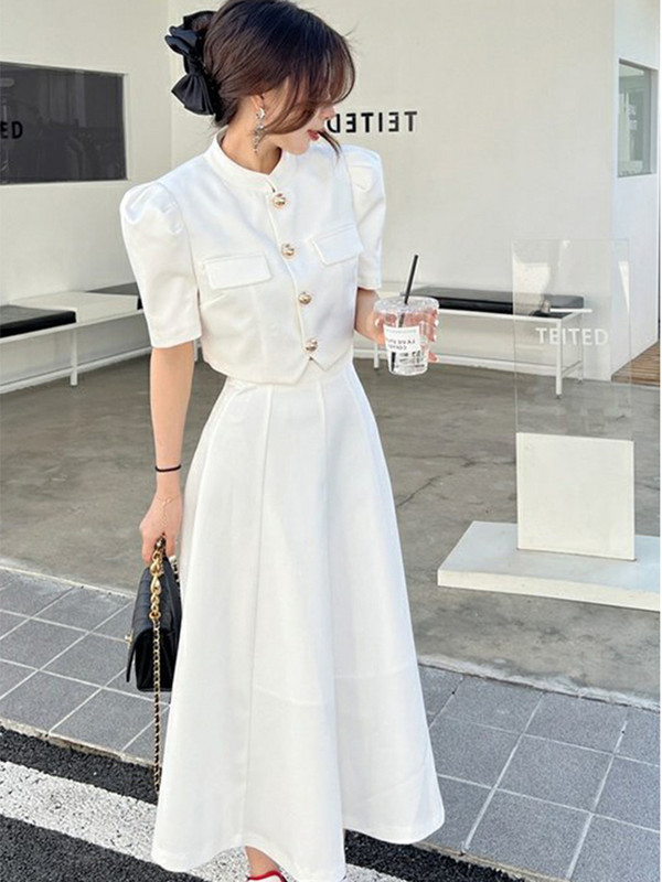 Divatos koreai édes, elegáns 2 részes szett tavaszi nyár irodai női szoknya öltönyök fodros pólógallér Térdig érő női ruhák