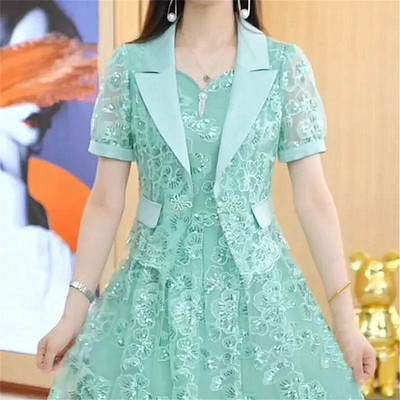 Csipke ruha Női felső kategóriás luxus női kétrészes készletek selyem ruha öltöny kabát és ruha 2023 nyári derék vékony, hosszú A-vonalú ruha