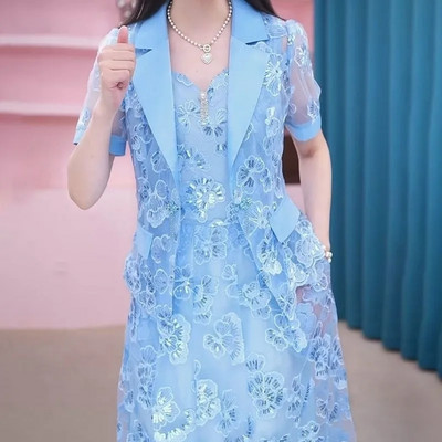 Csipke ruha Női felső kategóriás luxus női kétrészes készletek selyem ruha öltöny kabát és ruha 2023 nyári derék vékony, hosszú A-vonalú ruha