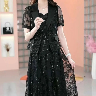 Csipke ruha Női felső kategóriás luxus női kétrészes készletek selyem ruha öltöny kabát és ruha 2023 nyári derék vékony, hosszú A-vonalú ruha