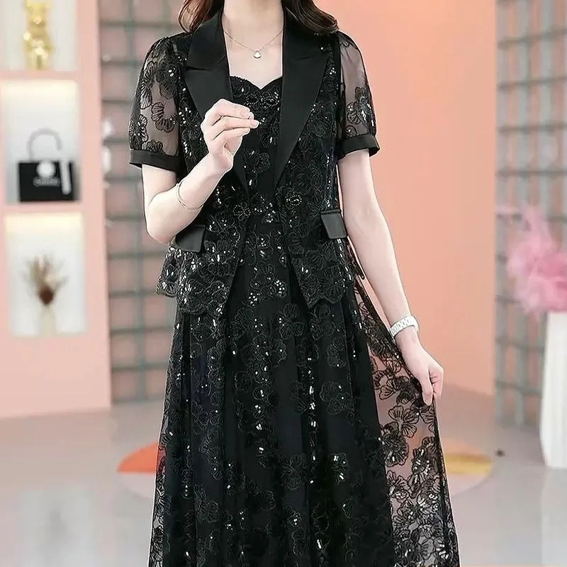 Csipke ruha Női felső kategóriás luxus női kétrészes készletek selyem ruha öltöny kabát és ruha 2023 nyári derék vékony, hosszú A-vonalú ruha