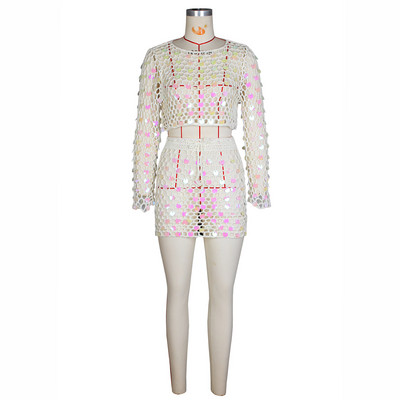 Horgolt, kötött, kétrészes női ruha flitteres, kivágott felső, mini becsomagolt ruha 2024 tavaszi nyár női 2 részes szoknya szett