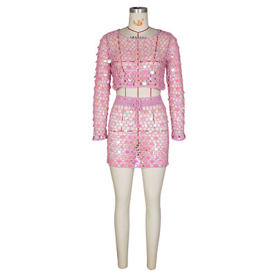 Horgolt, kötött, kétrészes női ruha flitteres, kivágott felső, mini becsomagolt ruha 2024 tavaszi nyár női 2 részes szoknya szett