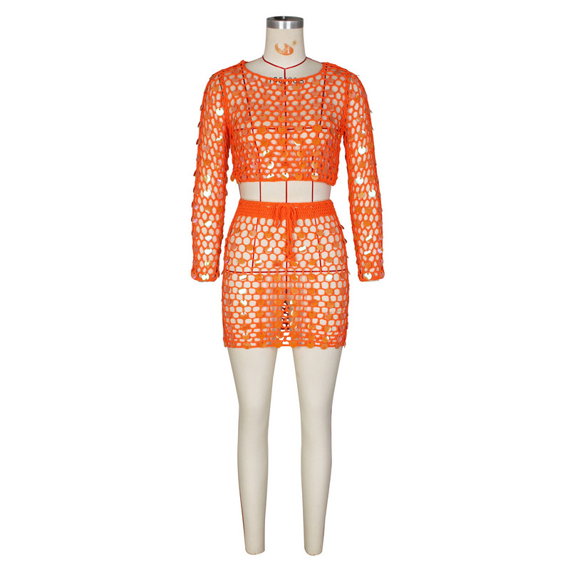 Horgolt, kötött, kétrészes női ruha flitteres, kivágott felső, mini becsomagolt ruha 2024 tavaszi nyár női 2 részes szoknya szett