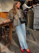 Modes Leoparda krekls ar kārtainām piedurknēm Sieviešu pavasara un vasaras eleganti mežģīnes ar O veida izgriezumu, apgriezti topi Sieviešu eleganti īsi volāni sieviešu blūze