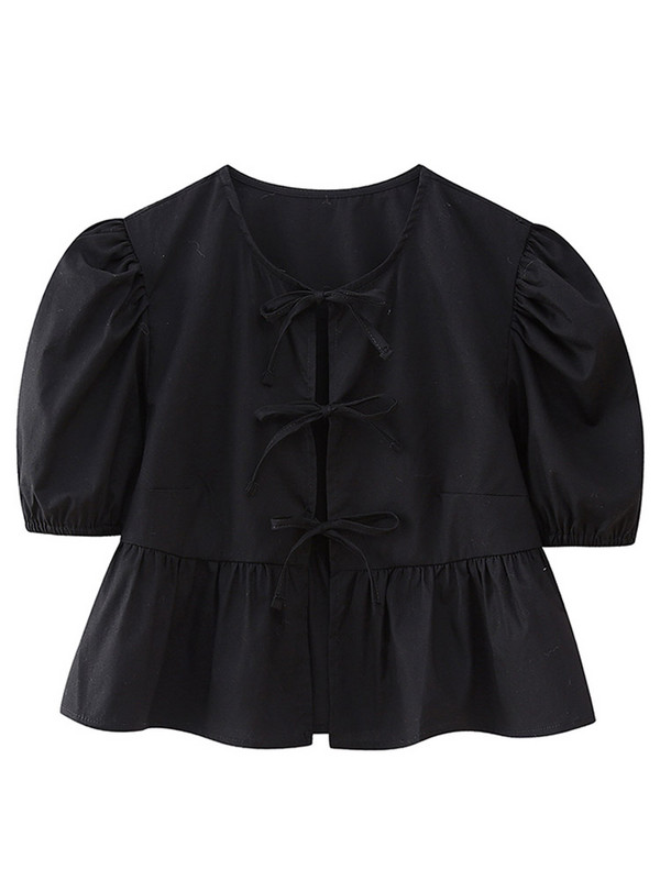 Modes Leoparda krekls ar kārtainām piedurknēm Sieviešu pavasara un vasaras eleganti mežģīnes ar O veida izgriezumu, apgriezti topi Sieviešu eleganti īsi volāni sieviešu blūze