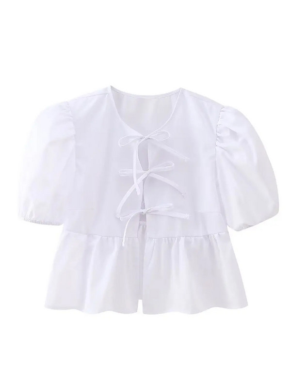 Modes Leoparda krekls ar kārtainām piedurknēm Sieviešu pavasara un vasaras eleganti mežģīnes ar O veida izgriezumu, apgriezti topi Sieviešu eleganti īsi volāni sieviešu blūze