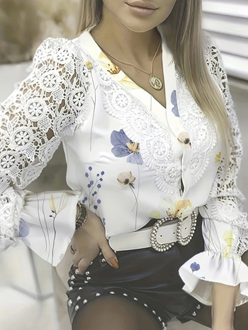 Елегантни дамски дантелени блузи с дълъг ръкав Бели ежедневни плетени на една кука водолазка Модни ризи Секси женски пуловери Blusas