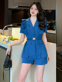 Nyári koreai elegáns 2 részes ruha öltönyök női temperamentum alkalmi édes felsők kabát blézer öltöny magas derekú rövidnadrág nadrág karcsú szettek