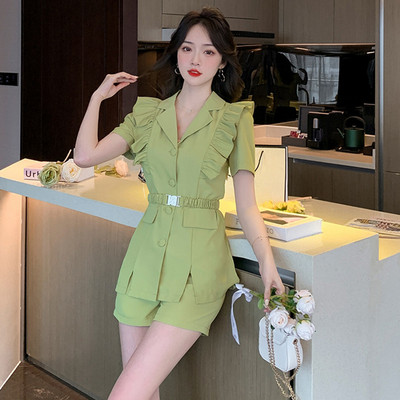 Nyári koreai elegáns 2 részes ruha öltönyök női temperamentum alkalmi édes felsők kabát blézer öltöny magas derekú rövidnadrág nadrág karcsú szettek