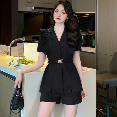 Nyári koreai elegáns 2 részes ruha öltönyök női temperamentum alkalmi édes felsők kabát blézer öltöny magas derekú rövidnadrág nadrág karcsú szettek