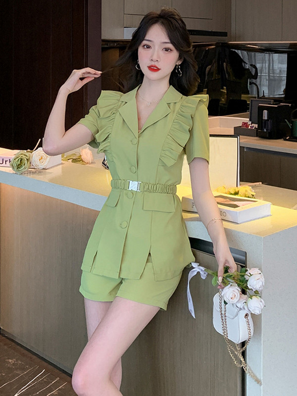 Nyári koreai elegáns 2 részes ruha öltönyök női temperamentum alkalmi édes felsők kabát blézer öltöny magas derekú rövidnadrág nadrág karcsú szettek