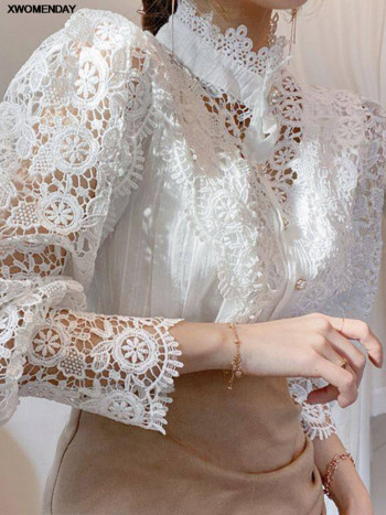 Дамска риза с шифон и копчета Шик, елегантна флорална дантела, пухкава топ с дълъг ръкав, модна куха бяла блуза с голям размер 2024