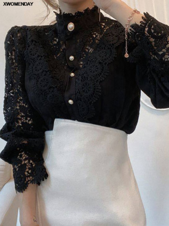 Дамска риза с шифон и копчета Шик, елегантна флорална дантела, пухкава топ с дълъг ръкав, модна куха бяла блуза с голям размер 2024