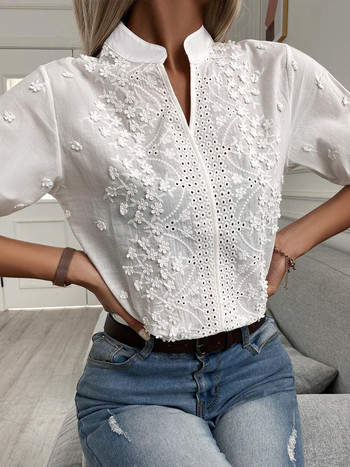 Лятна дантелена блуза с флорални бродерии Модна дамска ежедневна риза с V-образно деколте Шикозни топове с къс ръкав Елегантни блузи 24350