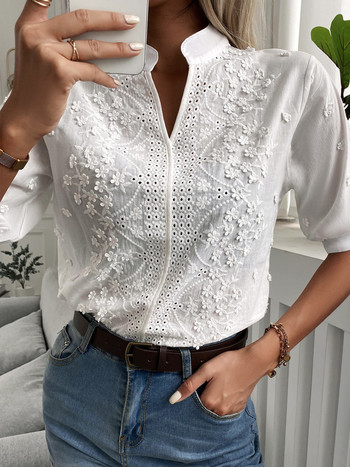 Лятна дантелена блуза с флорални бродерии Модна дамска ежедневна риза с V-образно деколте Шикозни топове с къс ръкав Елегантни блузи 24350