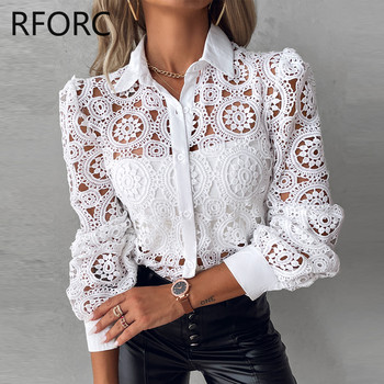 2023 Дамска дантелена риза с дълги ръкави и флорални копчета с обърнато деколте, бяла блуза, горна риза