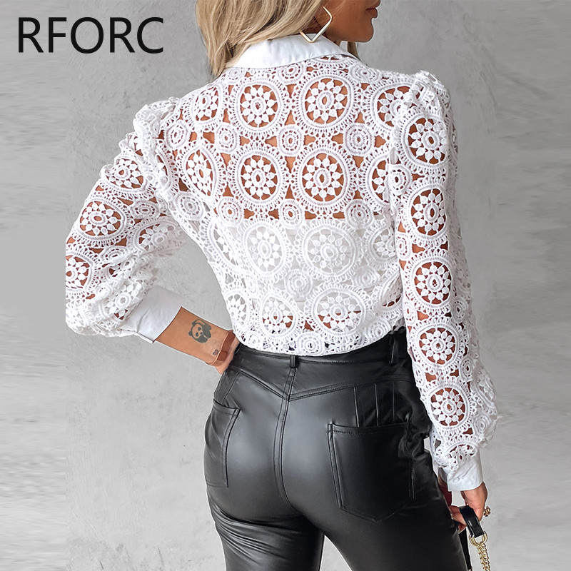 2023. aasta naiste pikkade varrukatega pits, lilleline õõnsa nööbiga, kaelusega valge pluusiga särk