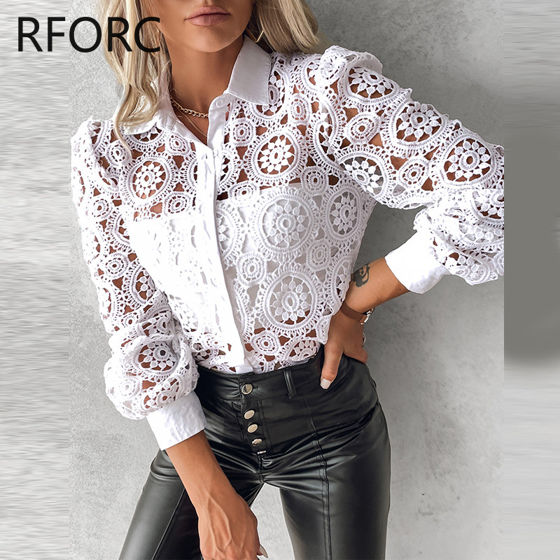 2023. aasta naiste pikkade varrukatega pits, lilleline õõnsa nööbiga, kaelusega valge pluusiga särk