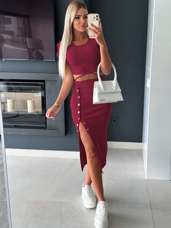 Szexi O-nyakú, rövid kötött Crop felsők és Midi szoknya, kétrészes készletek női 2023 őszi gombos testes ceruza ruha 2 részes szett