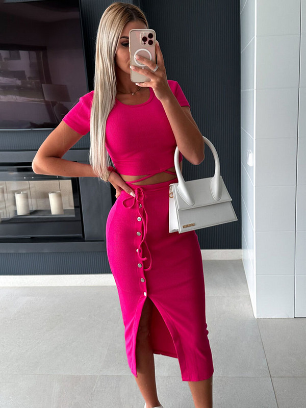 Szexi O-nyakú, rövid kötött Crop felsők és Midi szoknya, kétrészes készletek női 2023 őszi gombos testes ceruza ruha 2 részes szett