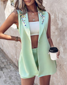 Új divat 2024 nyári alkalmi szexi elegáns strassz dekor Ujjatlan blézer kabát és rövidnadrág szett női kétrészes készlet