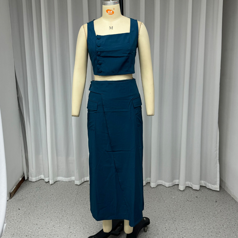 Wefad kétrészes szett női nyári elegáns tömör ujjatlan négyszögletes mellény felső egy vonalú hasított szabálytalan hosszú szoknya szettek utcai viselet