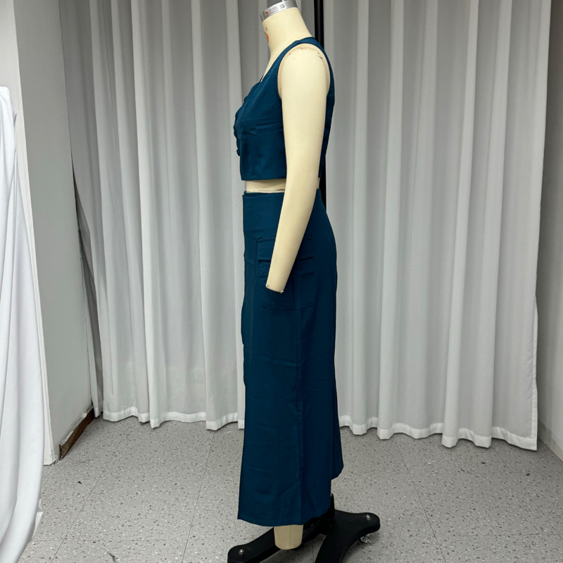 Wefad kétrészes szett női nyári elegáns tömör ujjatlan négyszögletes mellény felső egy vonalú hasított szabálytalan hosszú szoknya szettek utcai viselet