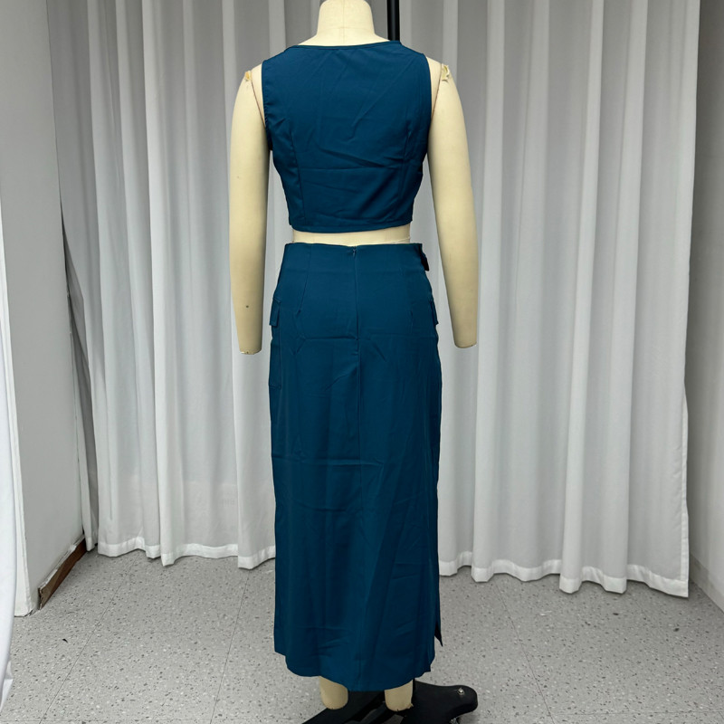 Wefad kétrészes szett női nyári elegáns tömör ujjatlan négyszögletes mellény felső egy vonalú hasított szabálytalan hosszú szoknya szettek utcai viselet