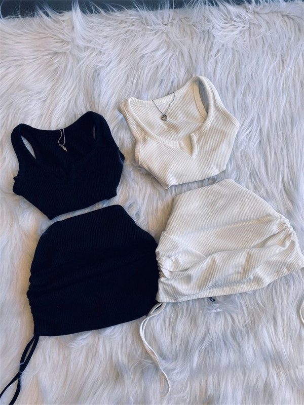 2023 Streetwear Kötött 2, kétrészes ruhagarnitúrák Szoknyák Crop Topok Mini szoknyákhoz illő narancssárga húzózsinóros fekete szoknyák, öltönyök