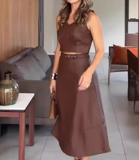 Szoknya szett női ruházathoz Nyári Új divatos bőr Ujjatlan exponált köldök felső Magas derekú Temperamentum szoknya alkalmi szett