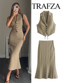 TRAFZA Ženska modna odijela sa suknjama Jednobojni prsluci s jednim kopčanjem bez rukava s otvorenim ovratnikom + suknje s patentnim zatvaračem visokog struka