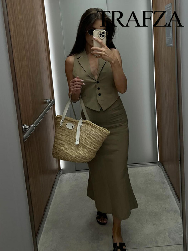 TRAFZA Ženska modna odijela sa suknjama Jednobojni prsluci s jednim kopčanjem bez rukava s otvorenim ovratnikom + suknje s patentnim zatvaračem visokog struka