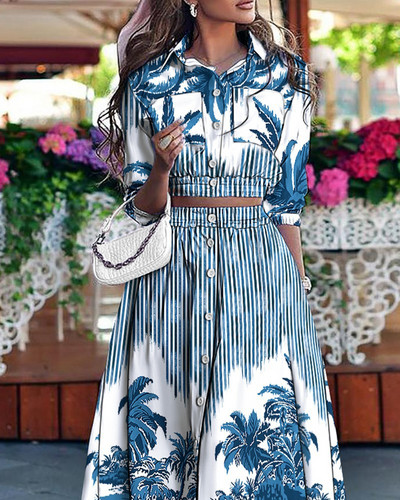 Divatos, rövid ujjú gombos ing és szoknya, kétrészes női szett 2023 nyári női ruhák irodai Crop felső ruhakészletek, 2 részes