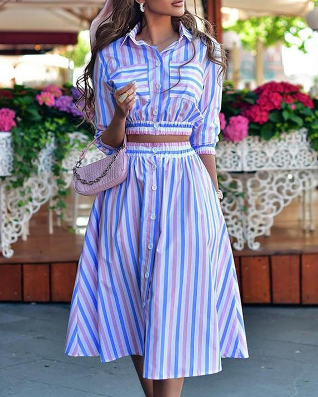 Divatos, rövid ujjú gombos ing és szoknya, kétrészes női szett 2023 nyári női ruhák irodai Crop felső ruhakészletek, 2 részes