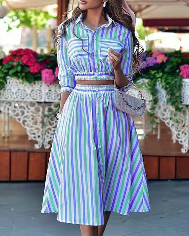 Divatos, rövid ujjú gombos ing és szoknya, kétrészes női szett 2023 nyári női ruhák irodai Crop felső ruhakészletek, 2 részes