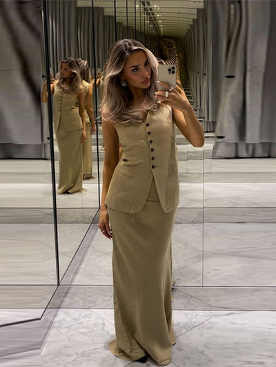 Elegantne varrukateta seelikuülikond naiste üherealise V-kaelusega tahke õhukese vestiga lõhestatud seelikukomplektid 2024. aasta suve šikk 2 tükki