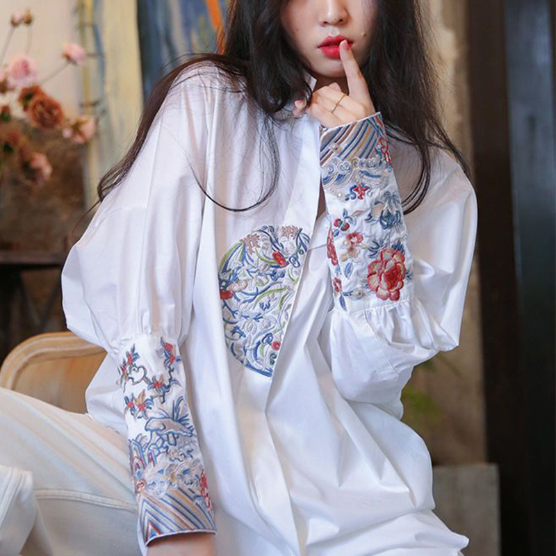 Tavasz nyár kínai stílusú vintage hímzés laza alkalmi blúz női állógalléros hosszú ujjú elegáns, mindenre passzoló ing felsők