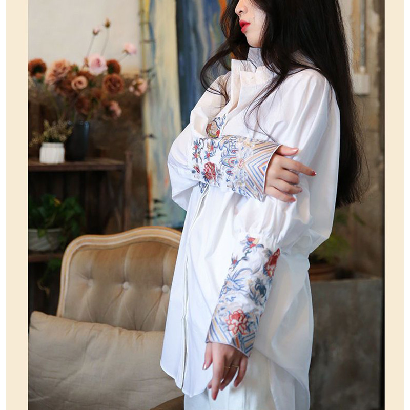 Tavasz nyár kínai stílusú vintage hímzés laza alkalmi blúz női állógalléros hosszú ujjú elegáns, mindenre passzoló ing felsők