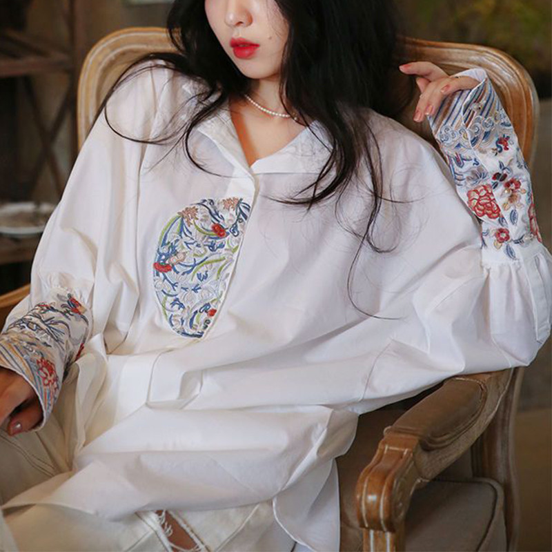 Tavasz nyár kínai stílusú vintage hímzés laza alkalmi blúz női állógalléros hosszú ujjú elegáns, mindenre passzoló ing felsők