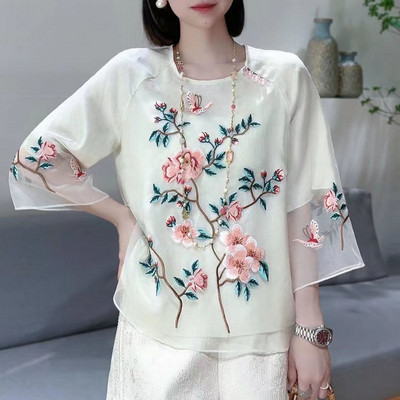 YCMYUNYAN-Hímzős női ing, virágmintás blúzok, laza divat, rövid ujjú felső, kínai stílusú, O-nyakú, új, nyári