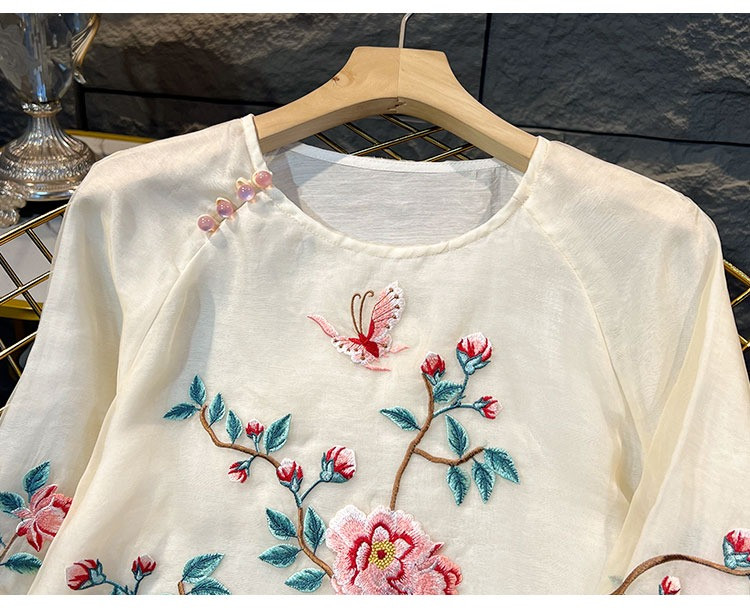 YCMYUNYAN-Hímzős női ing, virágmintás blúzok, laza divat, rövid ujjú felső, kínai stílusú, O-nyakú, új, nyári