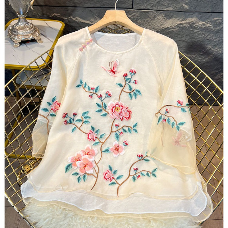YCMYUNYAN-Hímzős női ing, virágmintás blúzok, laza divat, rövid ujjú felső, kínai stílusú, O-nyakú, új, nyári