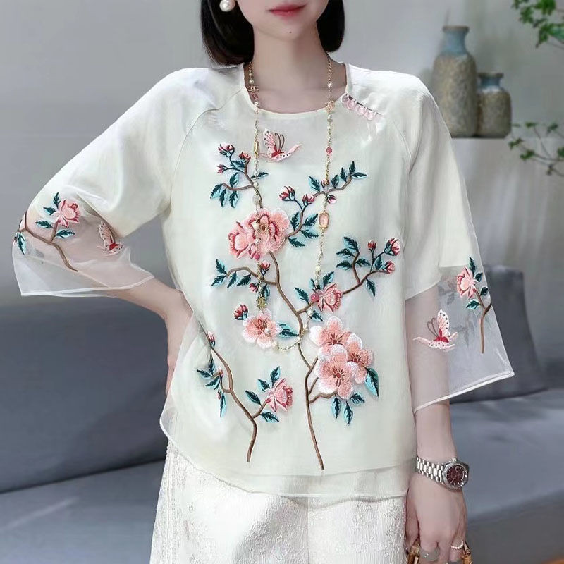YCMYUNYAN-Hímzős női ing, virágmintás blúzok, laza divat, rövid ujjú felső, kínai stílusú, O-nyakú, új, nyári