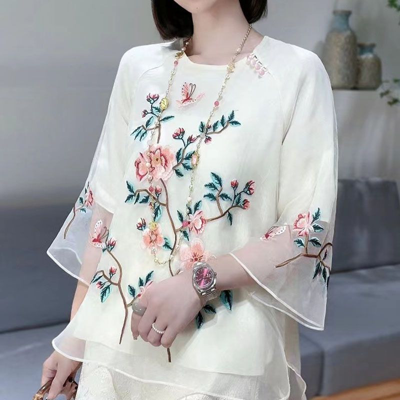 YCMYUNYAN-Hímzős női ing, virágmintás blúzok, laza divat, rövid ujjú felső, kínai stílusú, O-nyakú, új, nyári