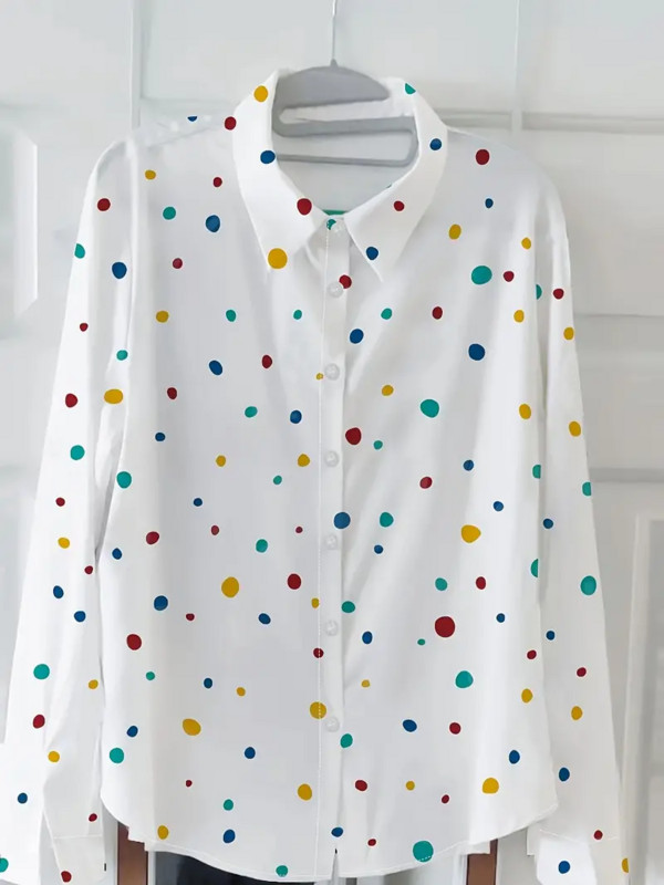 Tavasz nyár Divatos pöttyös mintás női ing és blúz Alkalmi hosszú ujjú gombos hajtóka Irodai női ruhák 2024