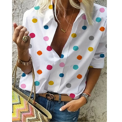 Suures suuruses naiste pikkade varrukatega särgid Mitmevärviline täpiline nööbiga pluusiga T-särk