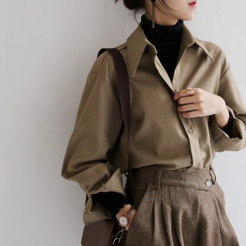 QOERLINi kohvipluus Naiste kevad-sügis vabaaja ühevärviline pikkade varrukatega särk Naiste korea avar särk OL Style Tööriided S-XL