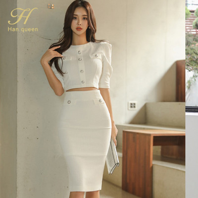 H Han Queen Hot Sale Kevadvalge 2-osaline komplekt Naiste lühikesed topid + kõrge vöökohaga pliiatsseelikud vabaaja lihtne kontori daami seelikuülikond